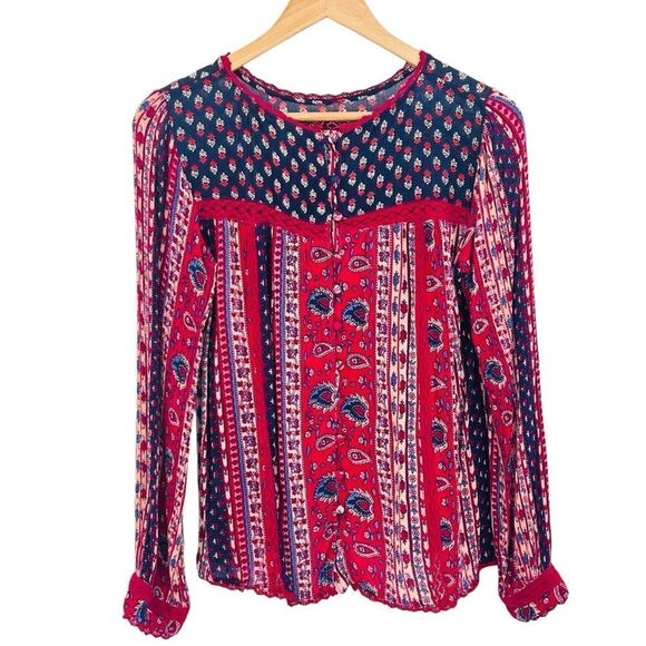 Maeve Kimono Sleeve Blouse dark raspberry navy button back size small - Picture 3 of 8